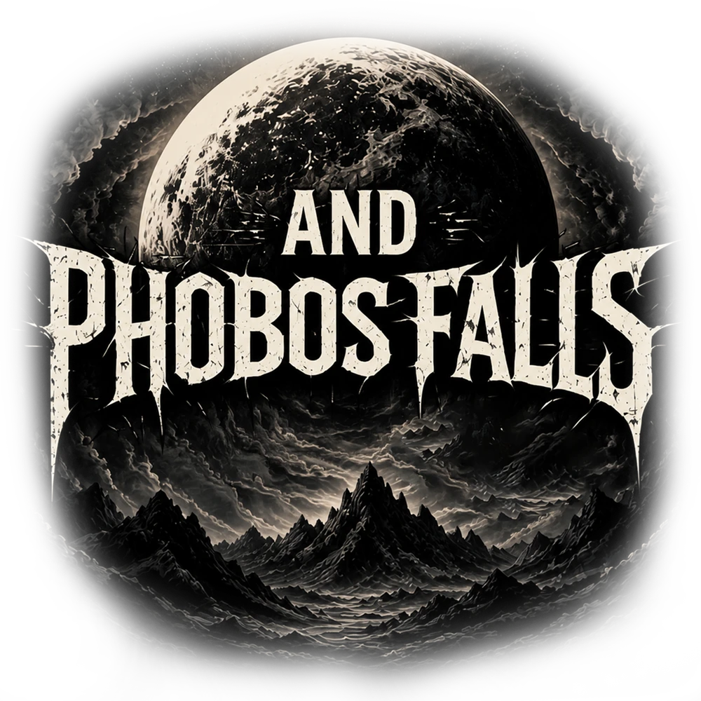 And Phobos Falls beige illustrated logo with a moon and mountain landscape