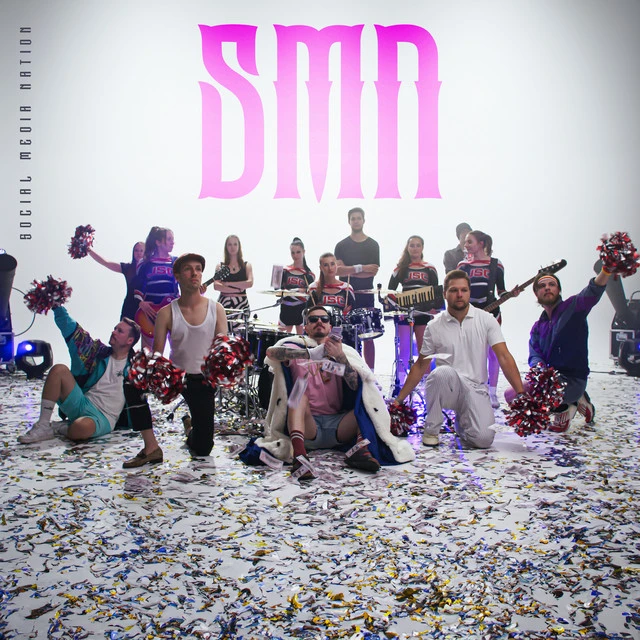 Social Media Nation – SMN cover artwork featuring the band and cheerleaders beneath pink SMN lettering